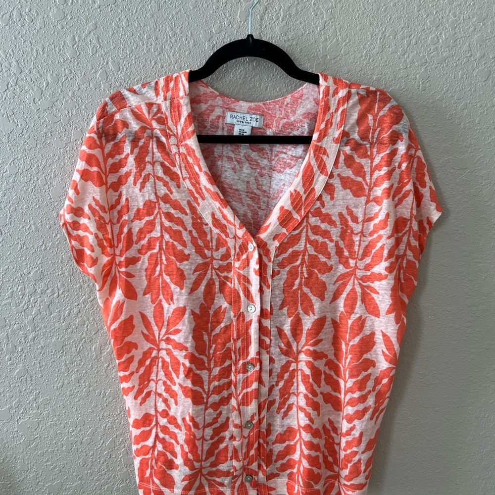 Rachel Zoe Orange Leaf Print Linen Button Down Shirt